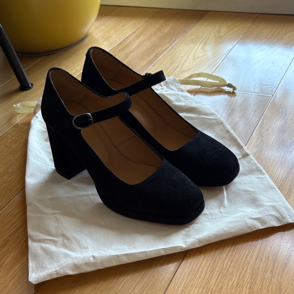 A.P.C. Black Suede Mary Jane Block Heels Pumps